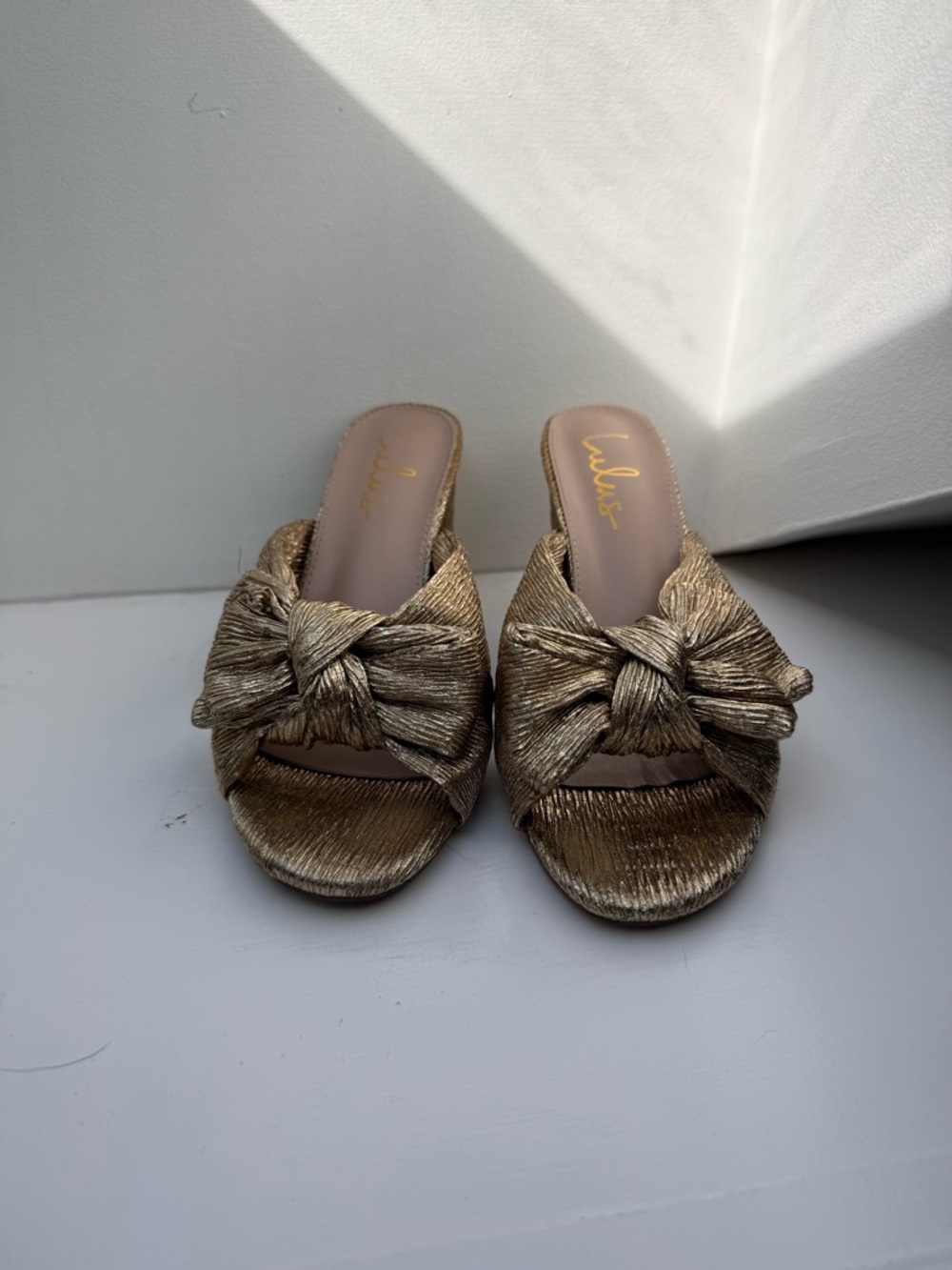 Lulu's Metallic Gold Knotted Slide Mules